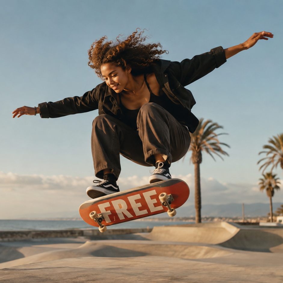 A young woman skateboarding beside the ocean, with FREE lettering on the skateboard deck.